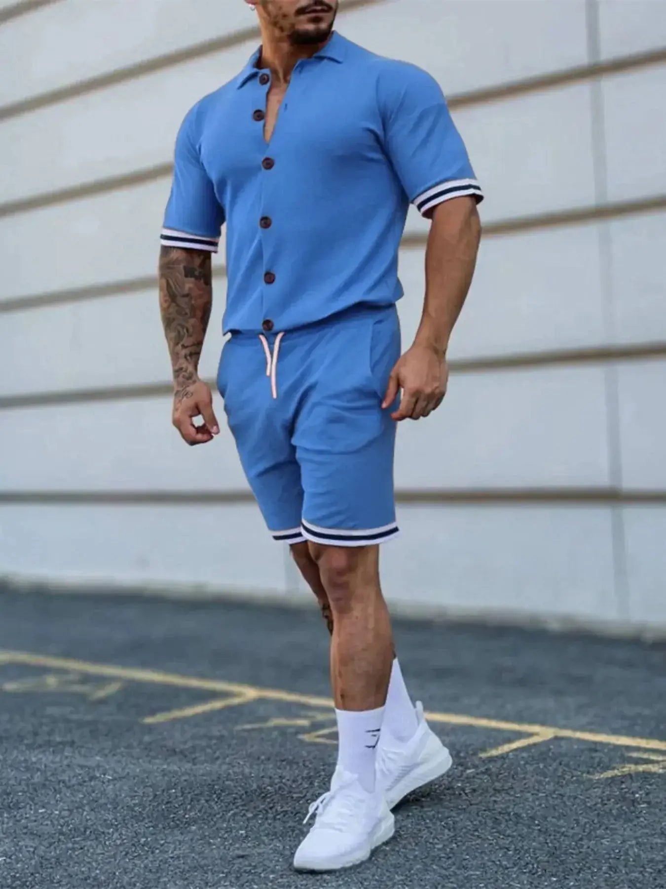 Men's Full Size Striped Hem Button Up Top and Shorts Set Plus Size - Sugarz Chique Boutique