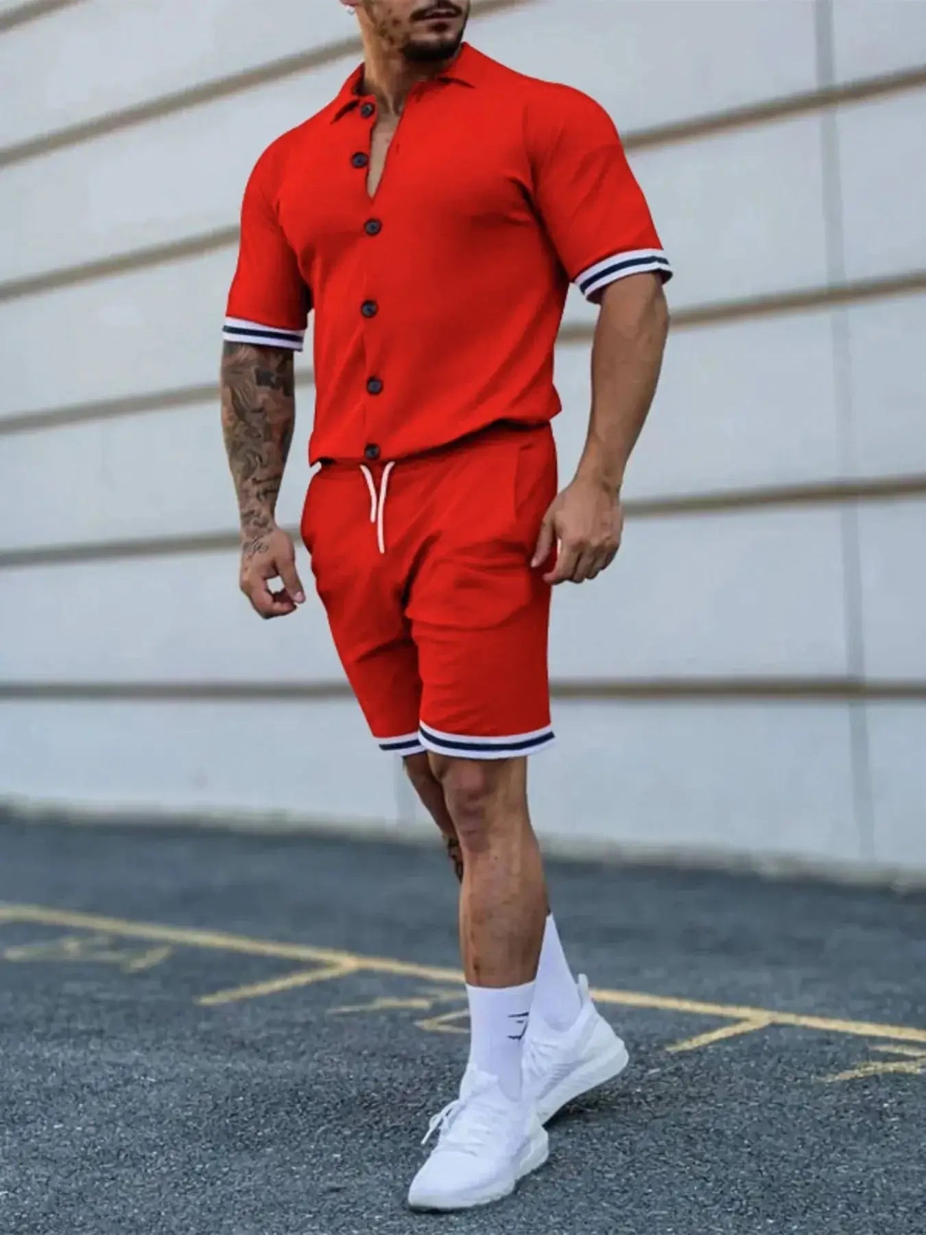 Men's Full Size Striped Hem Button Up Top and Shorts Set Plus Size - Sugarz Chique Boutique