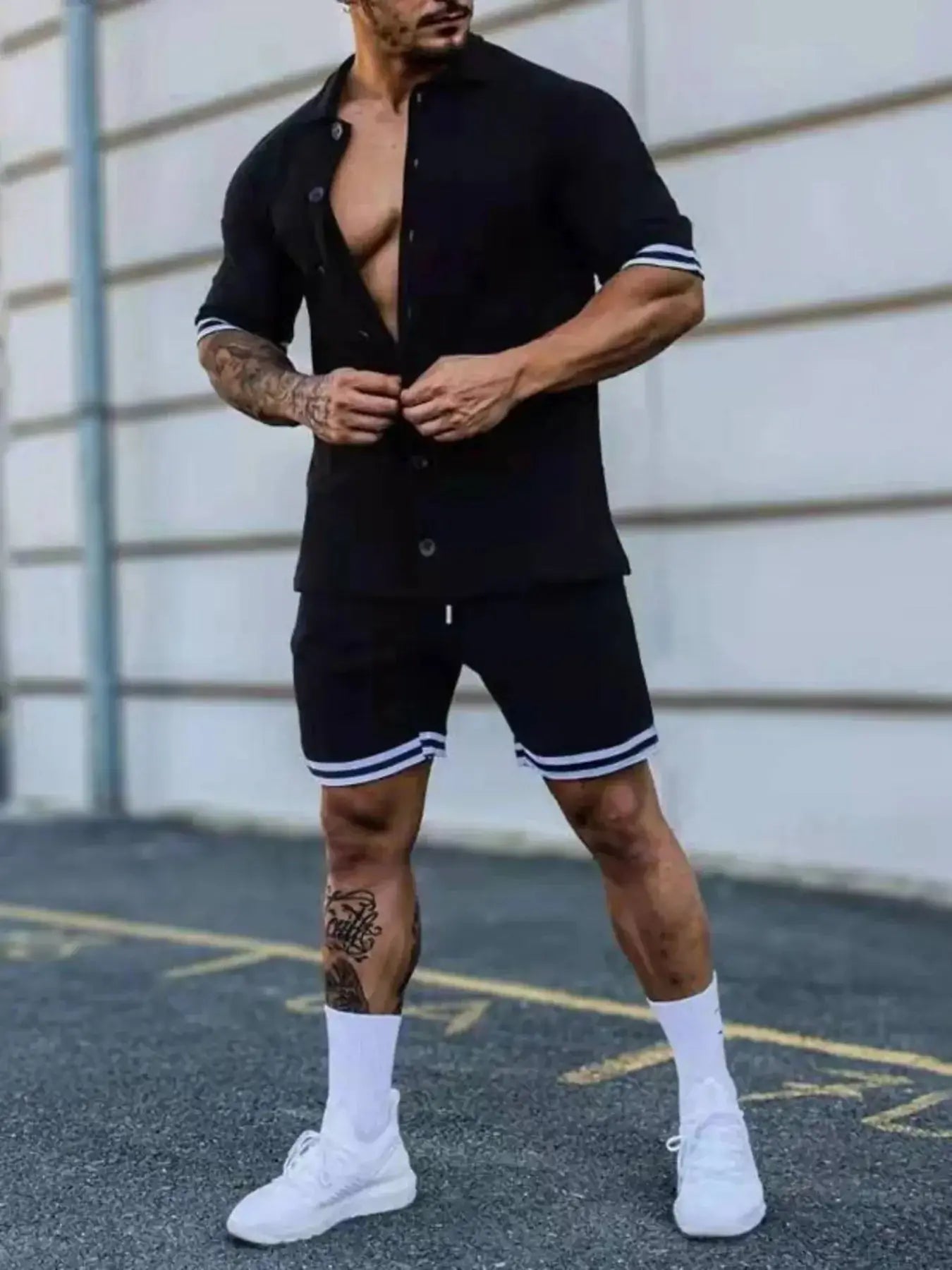 Men's Full Size Striped Hem Button Up Top and Shorts Set Plus Size - Sugarz Chique Boutique