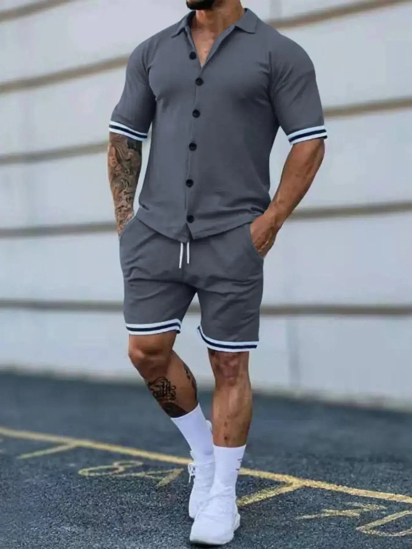 Men's Full Size Striped Hem Button Up Top and Shorts Set Plus Size - Sugarz Chique Boutique