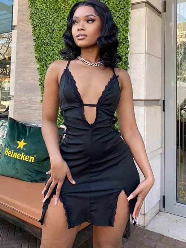 New sling hollow street trendy lace splicing slit hip dress - Sugarz Chique Boutique