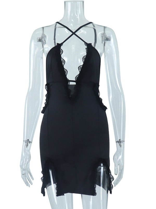 New sling hollow street trendy lace splicing slit hip dress - Sugarz Chique Boutique