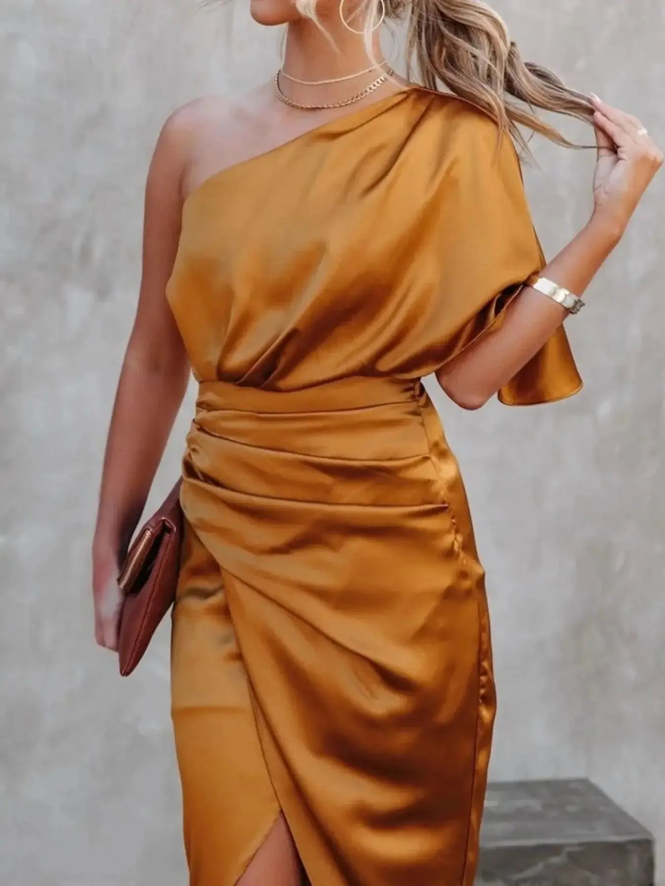 One - Shoulder Satin Wrap Dress with Side Slit - Sugarz Chique Boutique