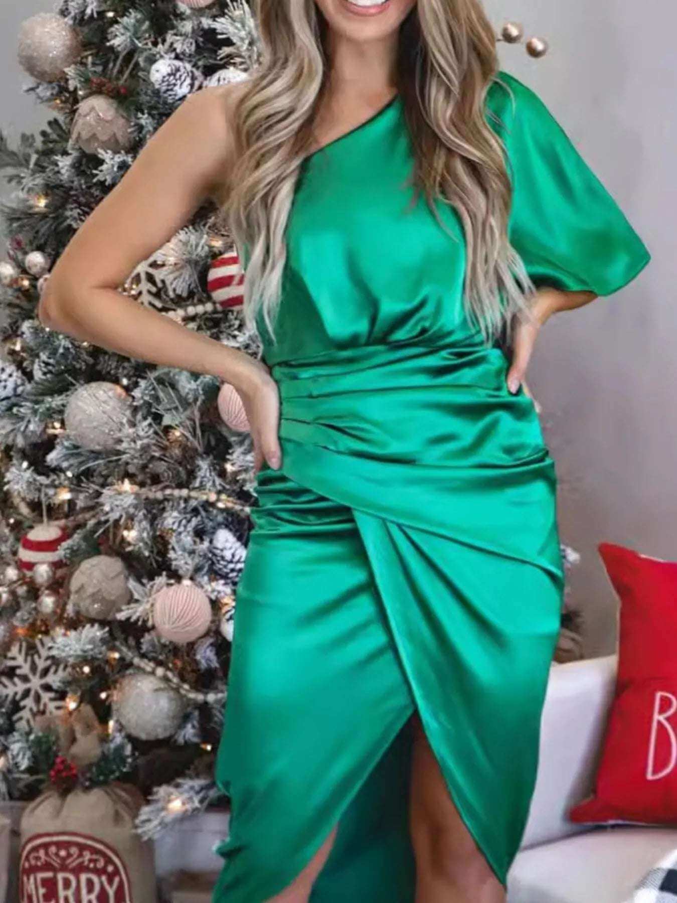 One-Shoulder Satin Wrap Dress with Side Slit | Sugarz Chique Boutique