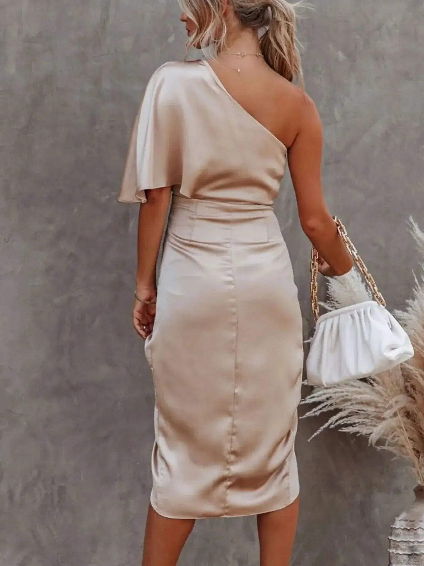 One - Shoulder Satin Wrap Dress with Side Slit - Sugarz Chique Boutique