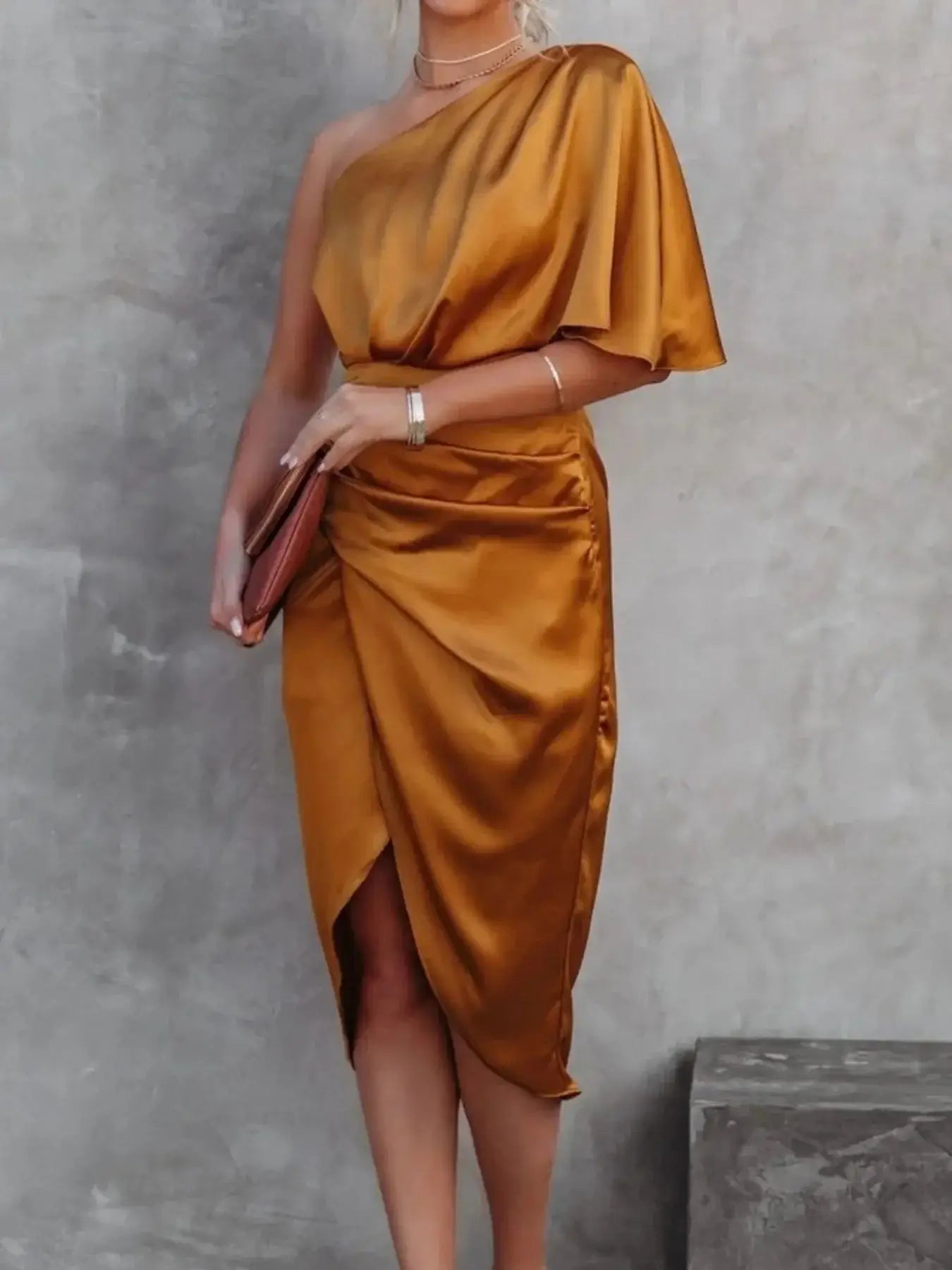 One - Shoulder Satin Wrap Dress with Side Slit - Sugarz Chique Boutique