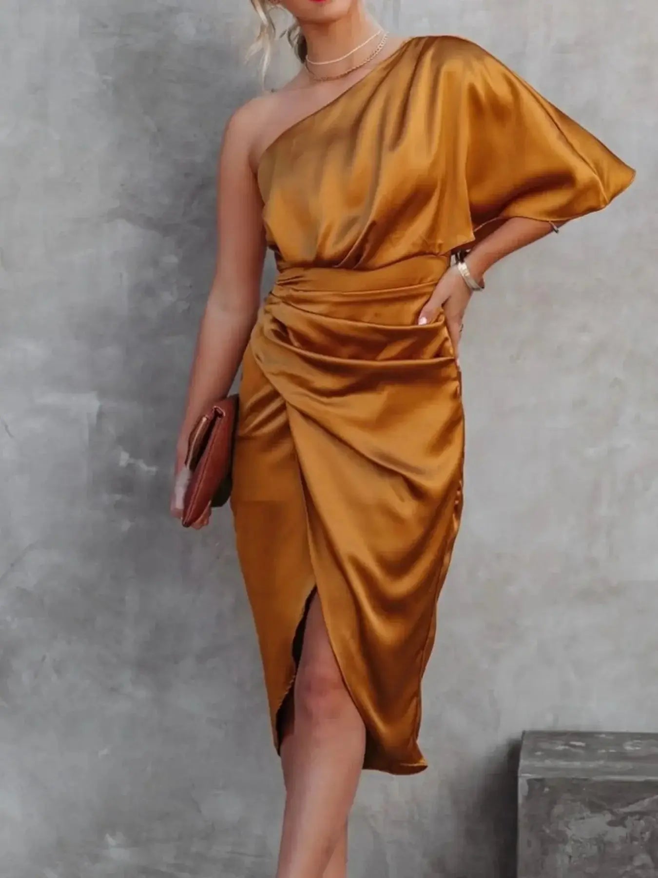One - Shoulder Satin Wrap Dress with Side Slit - Sugarz Chique Boutique
