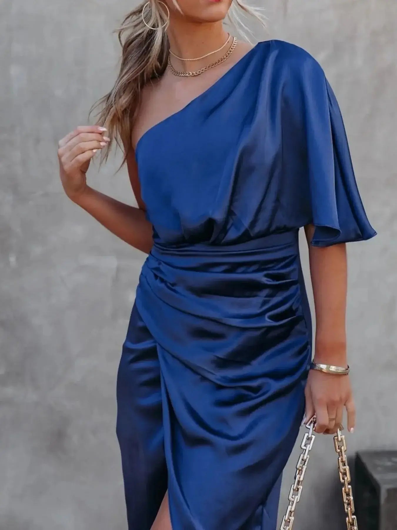 One - Shoulder Satin Wrap Dress with Side Slit - Sugarz Chique Boutique