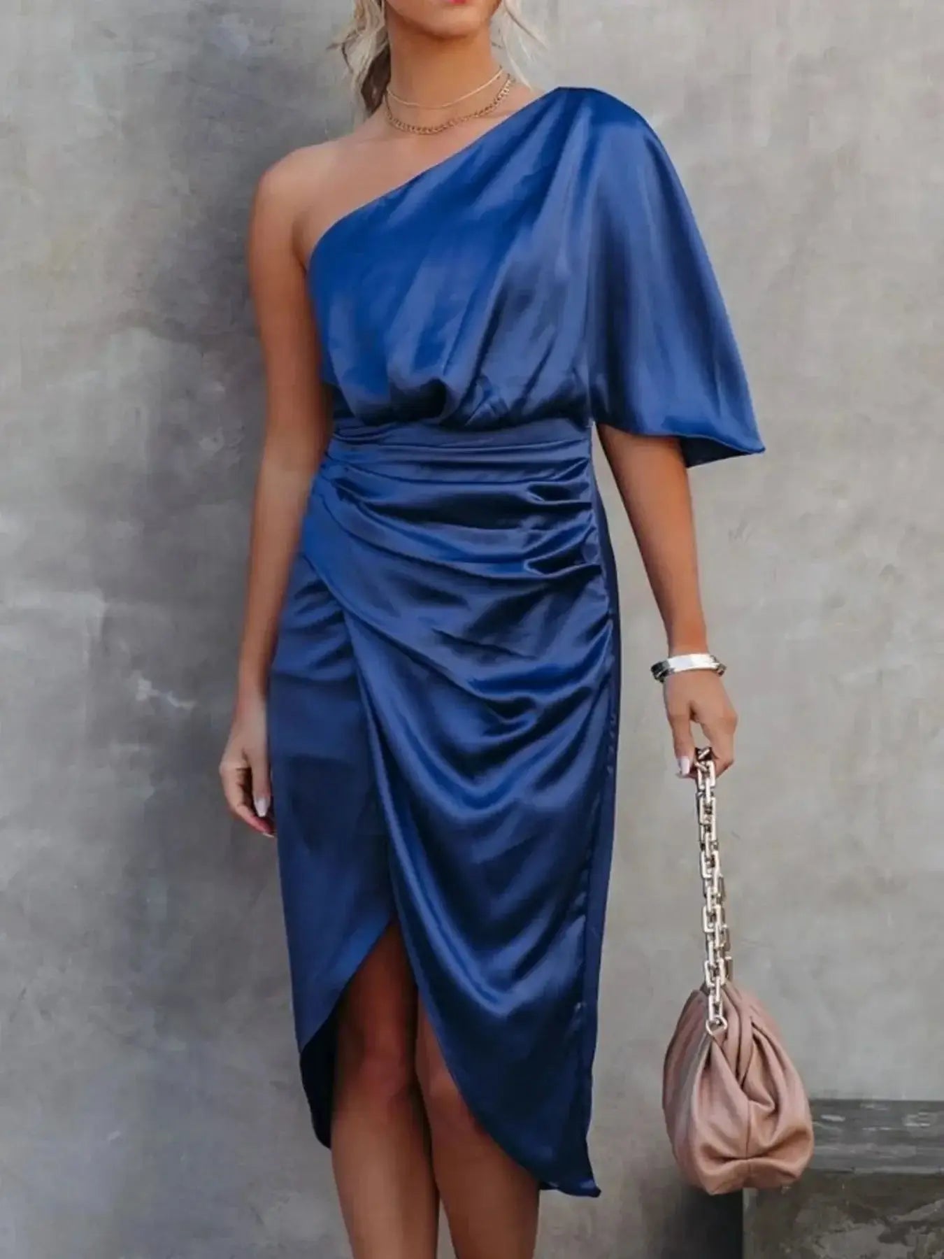 One - Shoulder Satin Wrap Dress with Side Slit - Sugarz Chique Boutique