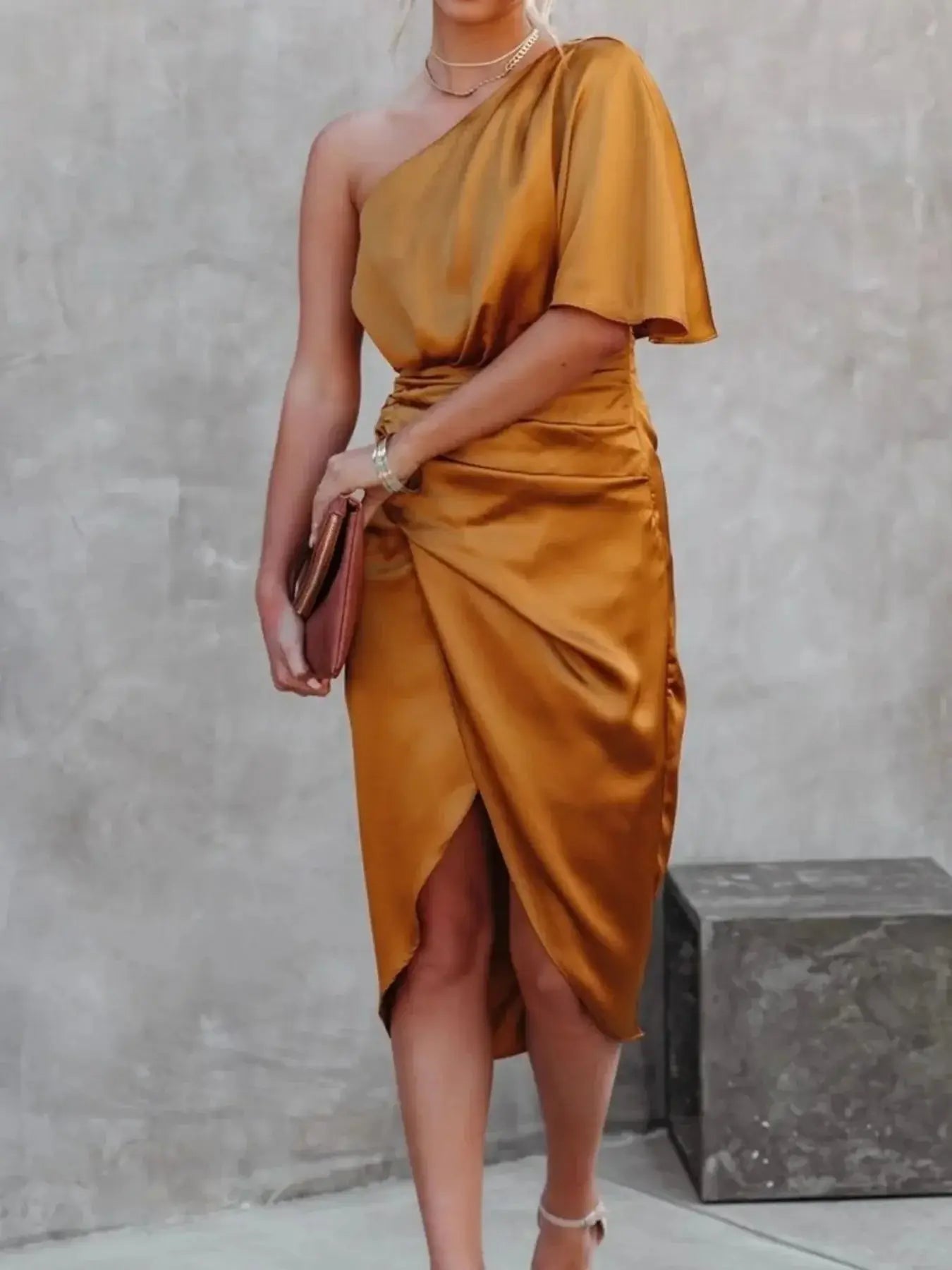 One - Shoulder Satin Wrap Dress with Side Slit - Sugarz Chique Boutique