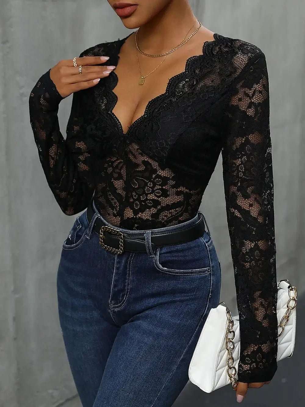 Perfee Lace Plunge Long Sleeve Bodysuit | Sugarz Chique Boutique