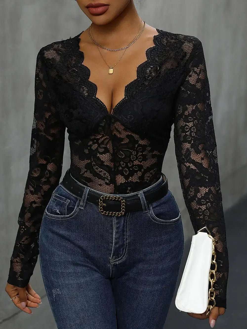 Perfee Lace Plunge Long Sleeve Bodysuit | Sugarz Chique Boutique