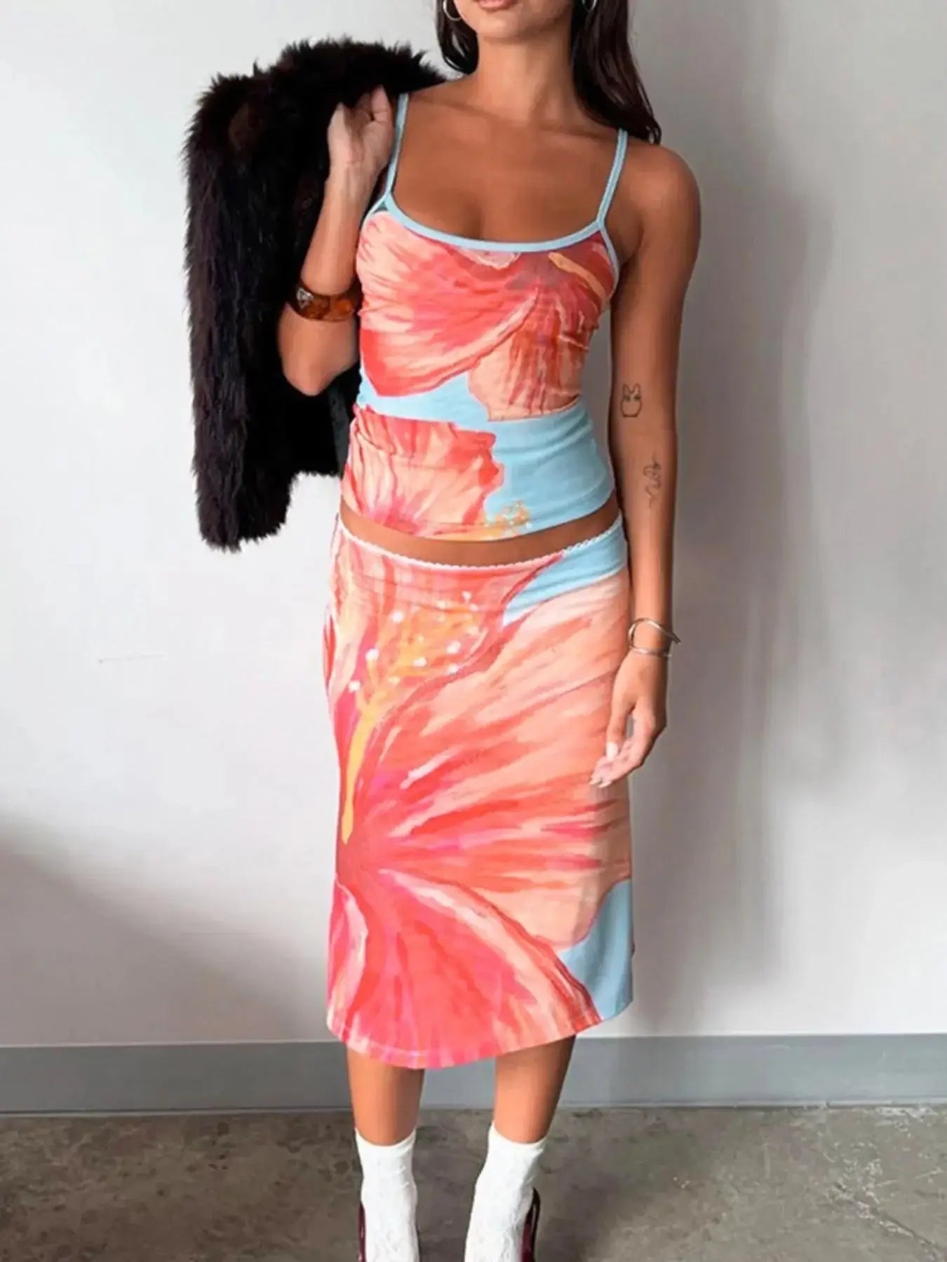 Printed Scoop Neck Cami and Skirt Set - Sugarz Chique Boutique