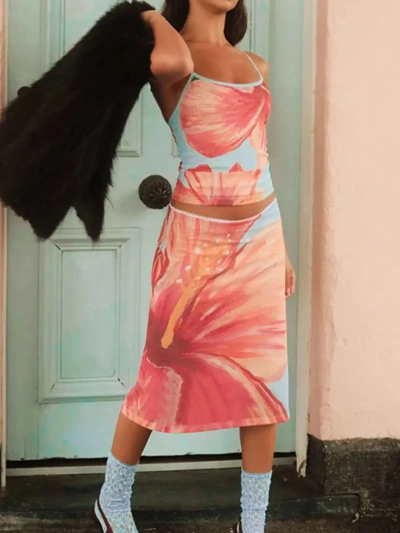 Printed Scoop Neck Cami and Skirt Set - Sugarz Chique Boutique