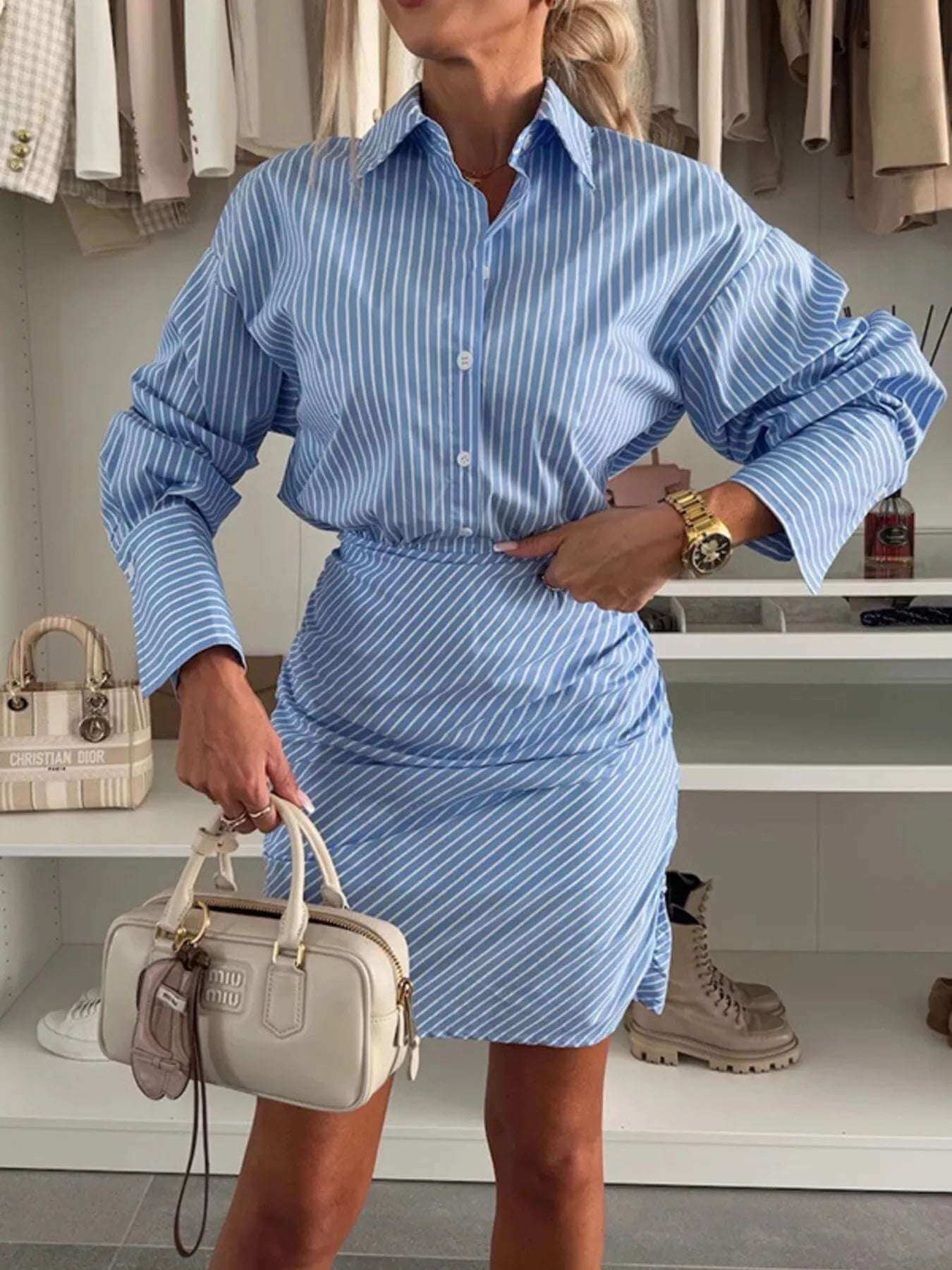 Striped Button Front Mini Shirt Dress | Sugarz Chique Boutique