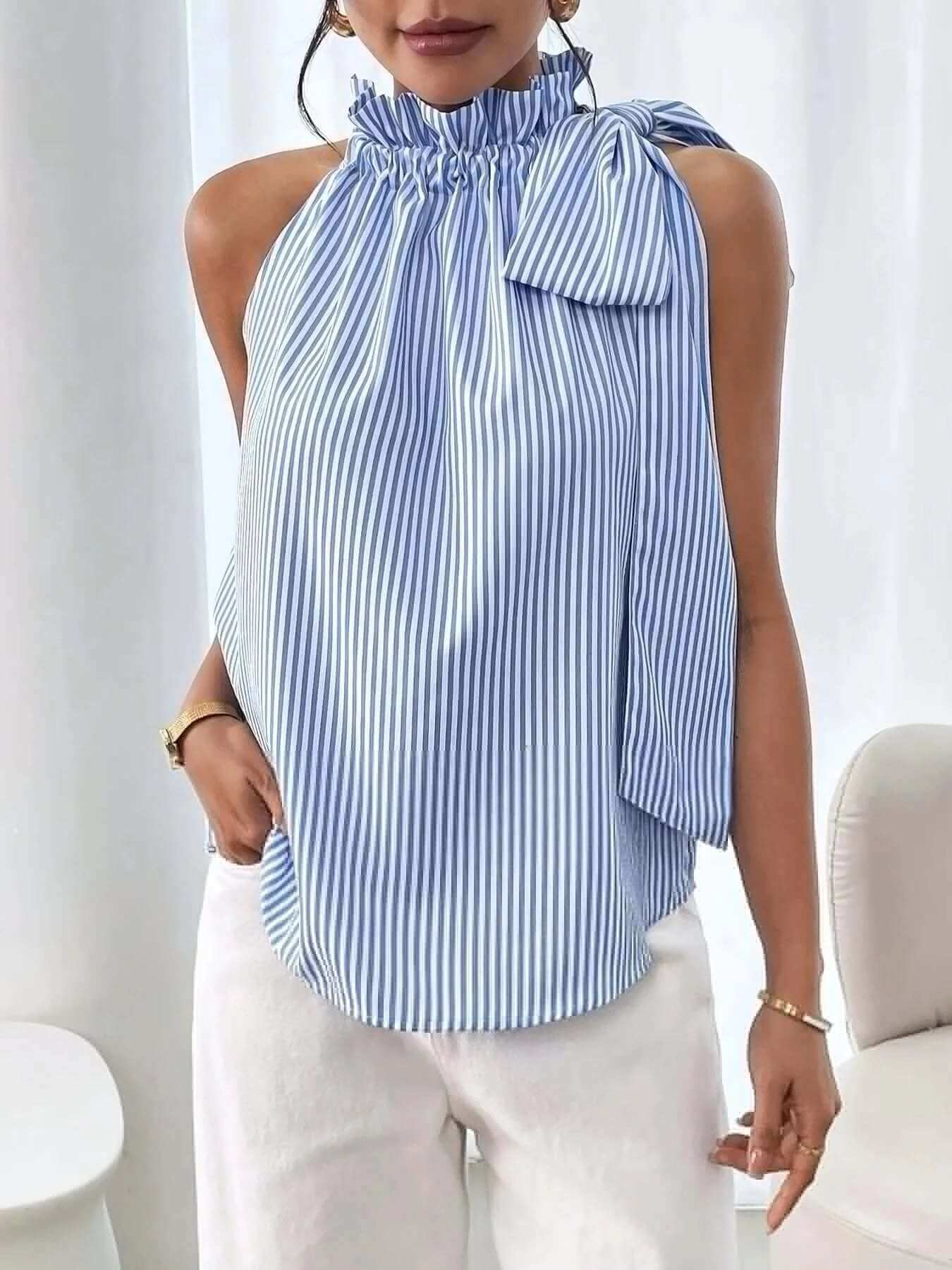 Striped Sleeveless Blouse with Bow Tie Detail | Sugarz Chique Boutique