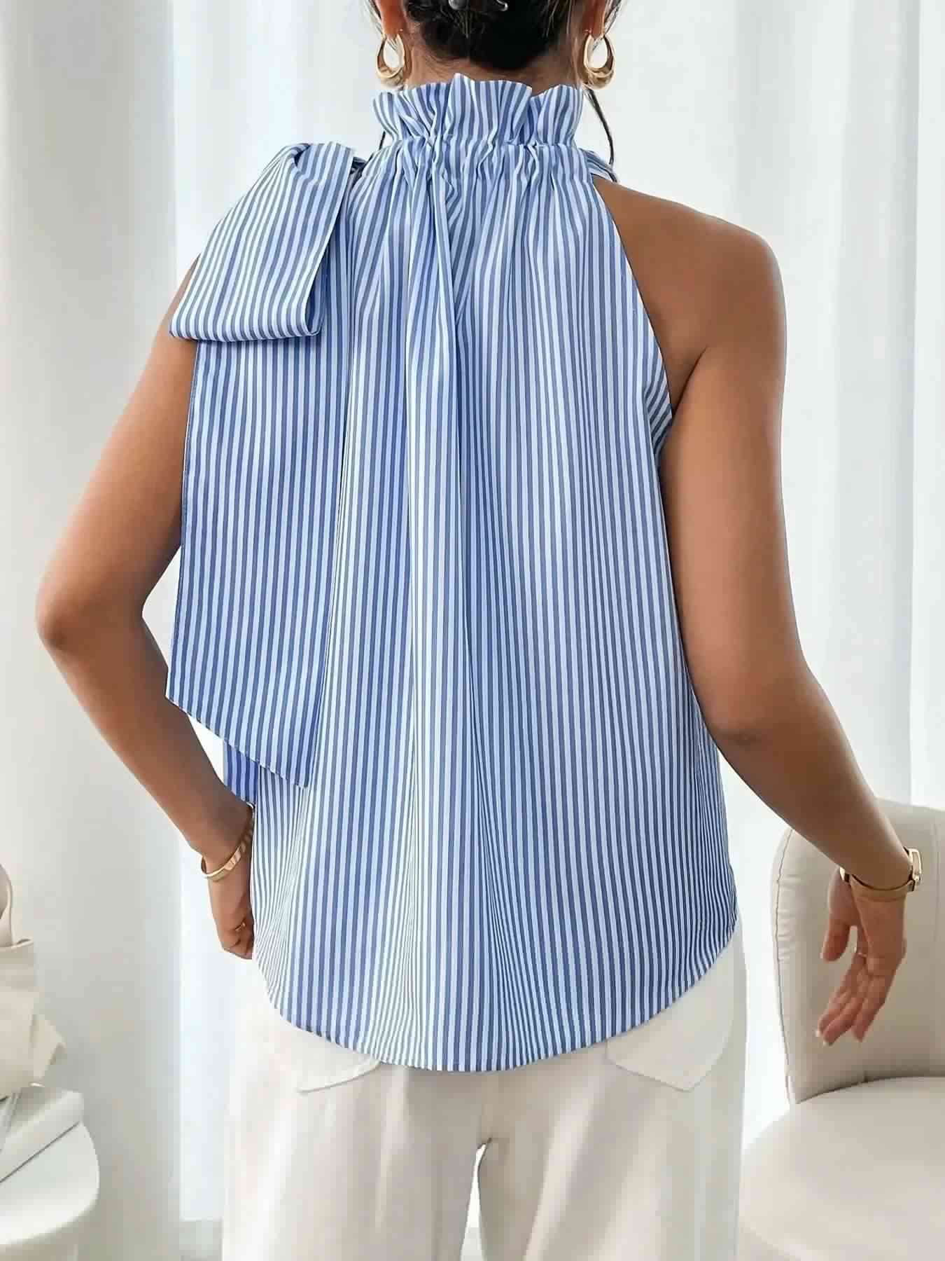 Striped Sleeveless Blouse with Bow Tie Detail | Sugarz Chique Boutique