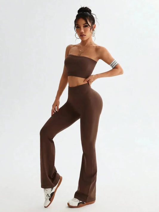 Tube Top and High Waist Flare Pants Active Set - Sugarz Chique Boutique