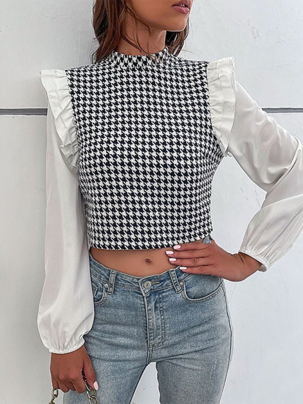 Women's Woven Mock Neck Long Sleeve Houndstooth Shirt - Sugarz Chique Boutique