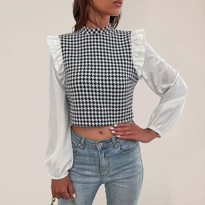 Women's Woven Mock Neck Long Sleeve Houndstooth Shirt - Sugarz Chique Boutique