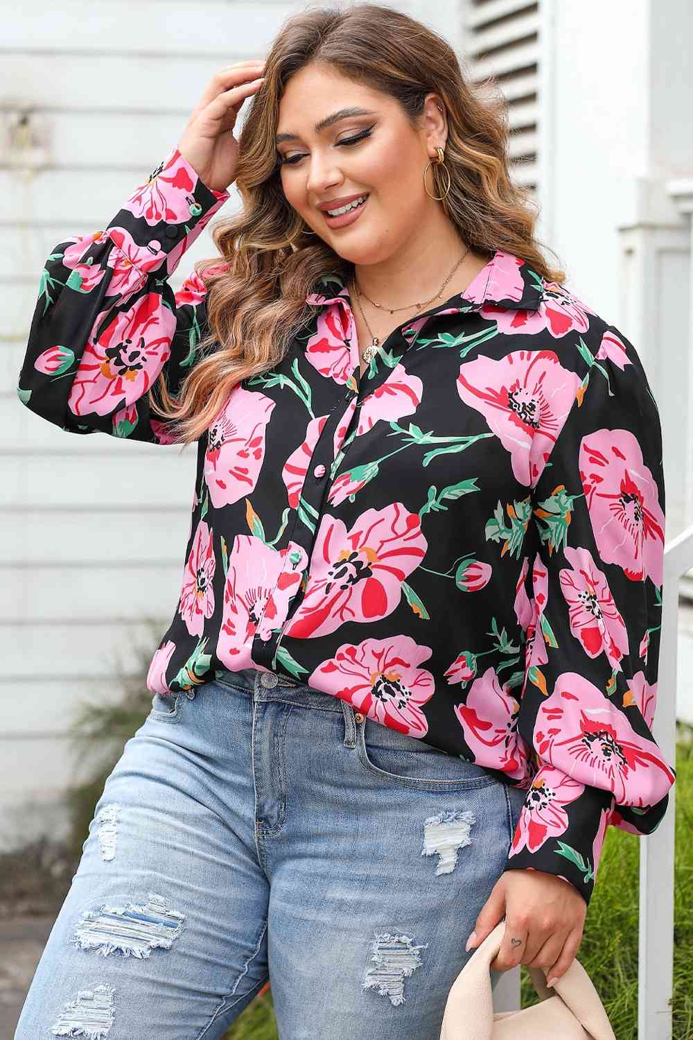 Plus Size Printed Collared Neck Long Sleeve Shirt | Sugarz Chique Boutique