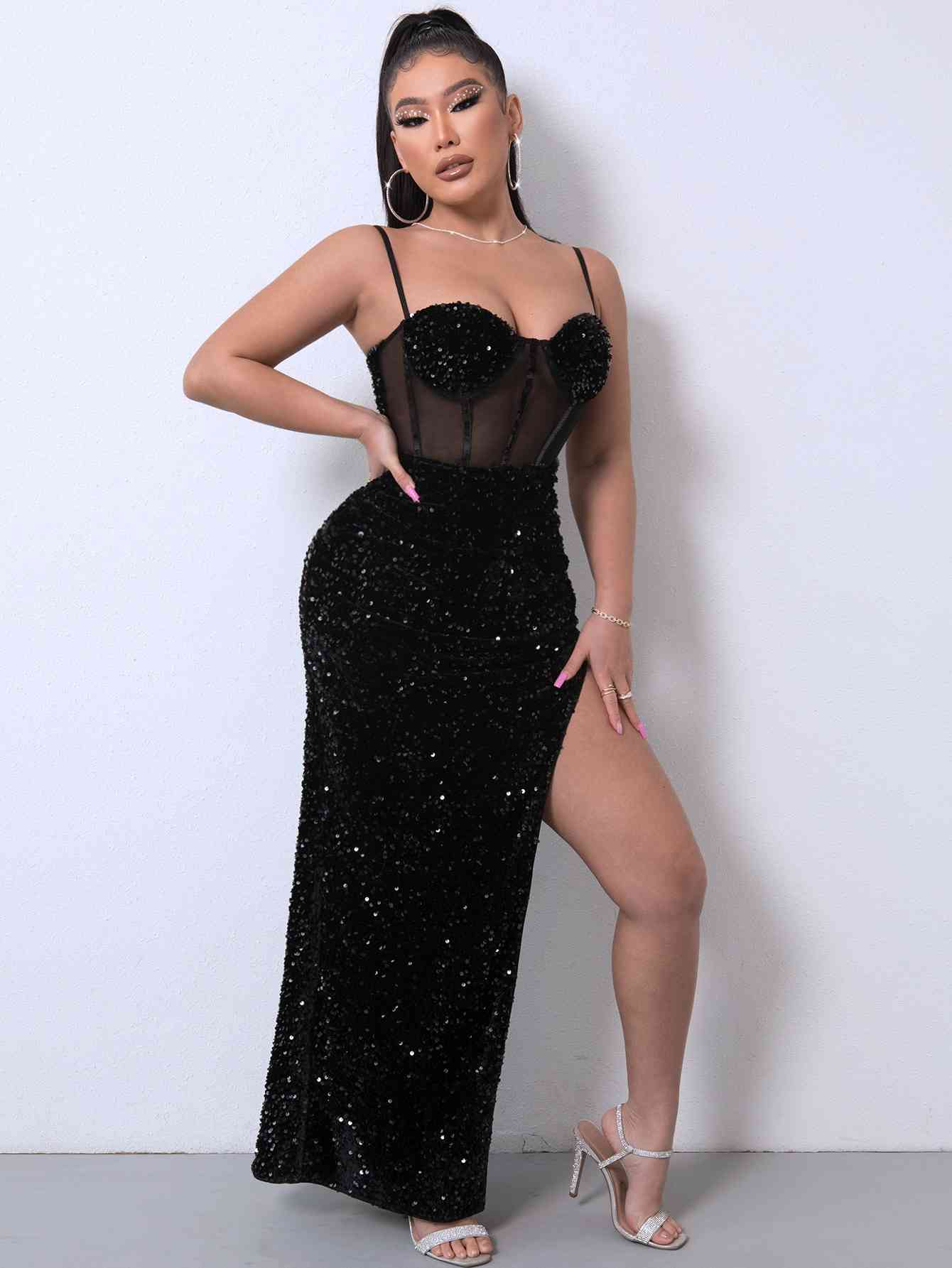 Sequin Spliced Mesh Adjustable Strap Dress | Sugarz Chique Boutique
