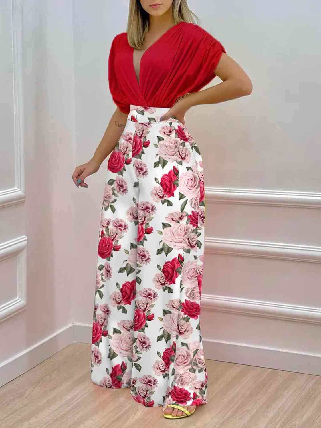 Printed Surplice Top and Wide Leg Pants Set | Sugarz Chique Boutique