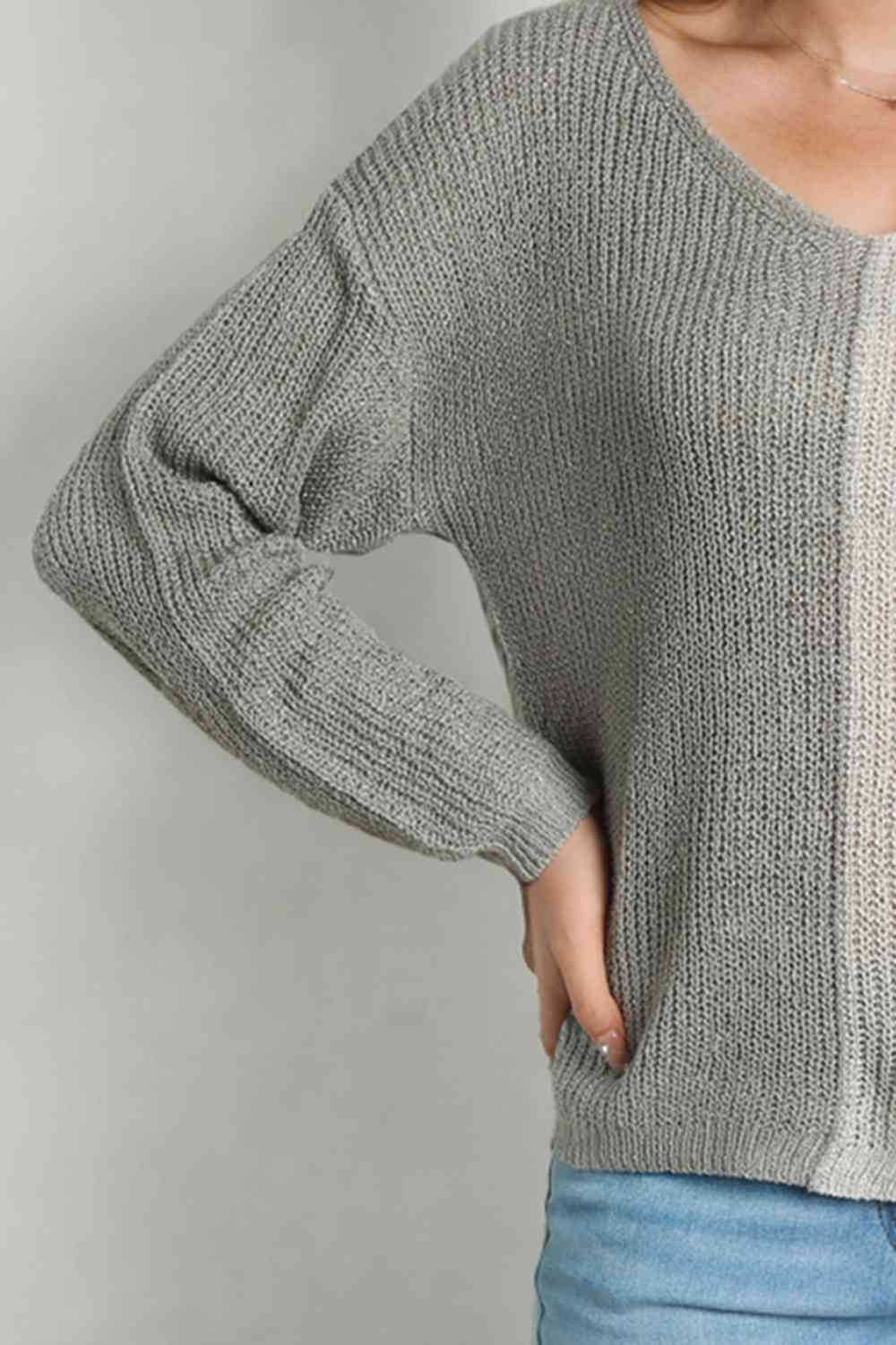 Contrast Color V-Neck Long Sleeve Pullover Sweater | Sugarz Chique Boutique