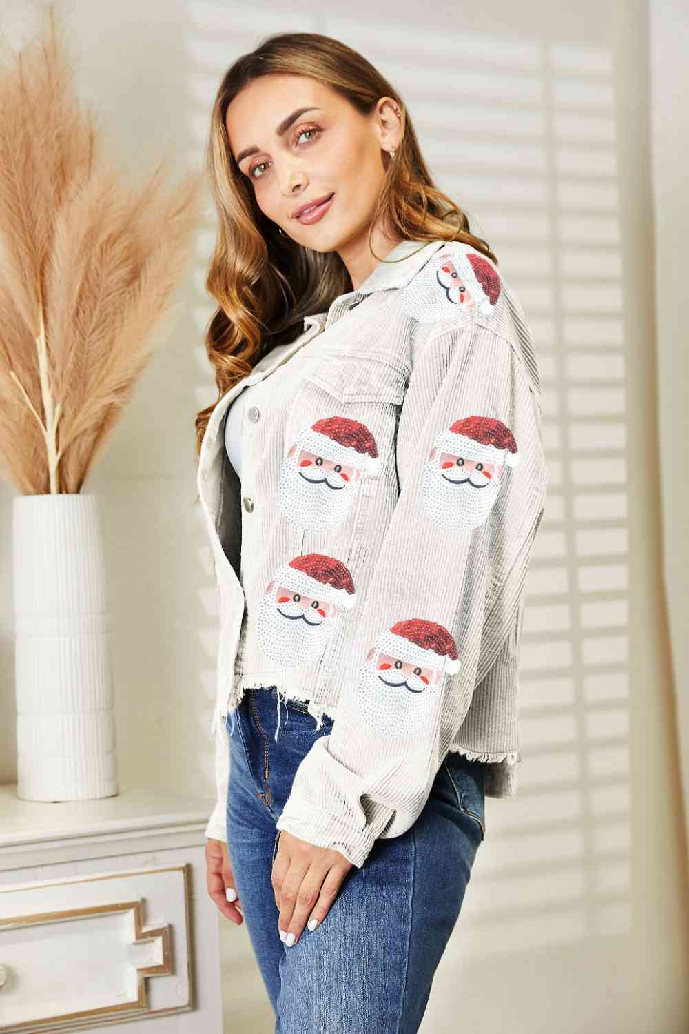 Santa Sequin Raw Hem Jacket | Sugarz Chique Boutique