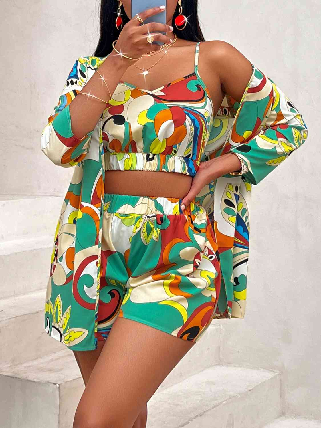 Printed Cami, Shorts, and Cardigan Set | Sugarz Chique Boutique
