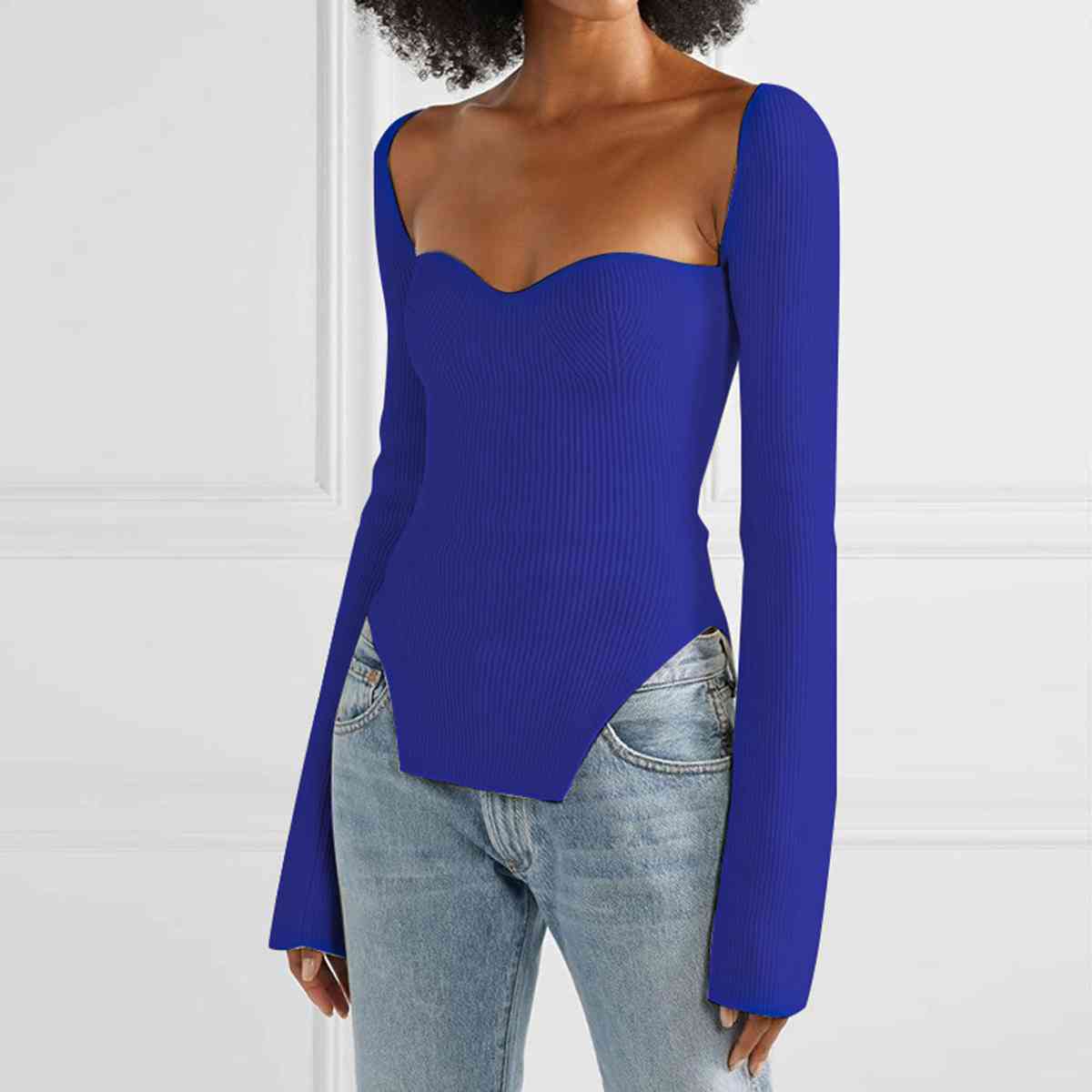 Sweetheart Neck Long Sleeve Knit Top | Sugarz Chique Boutique