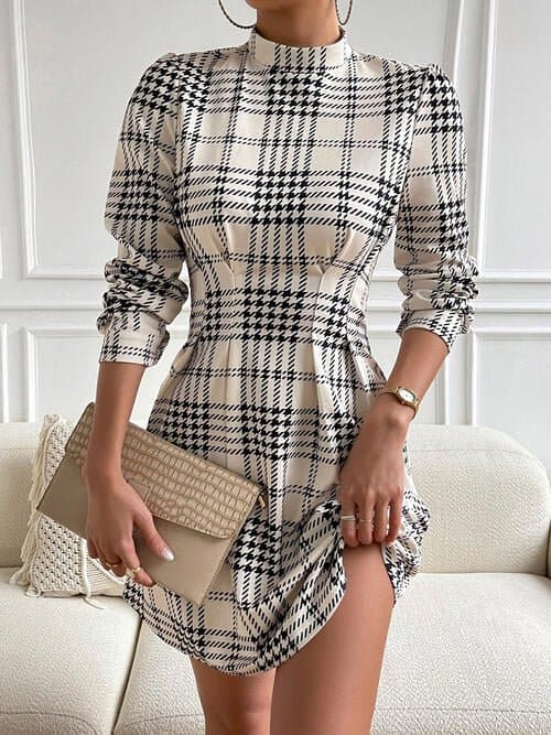 Houndstooth Mock Neck Cinched Mini Dress | Sugarz Chique Boutique