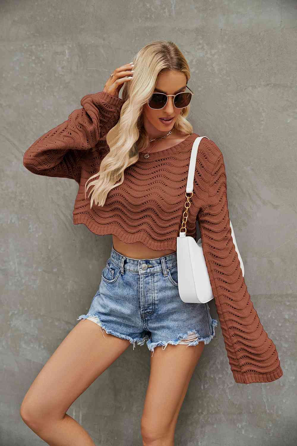 Round Neck Long Sleeve Cropped Sweater | Sugarz Chique Boutique