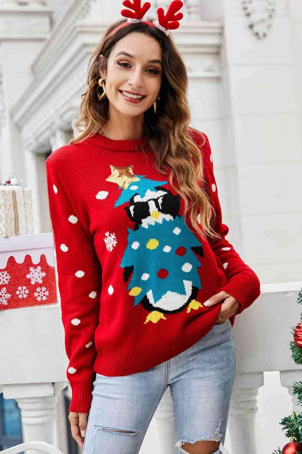 Christmas Penguin Graphic Sequin Sweater | Sugarz Chique Boutique
