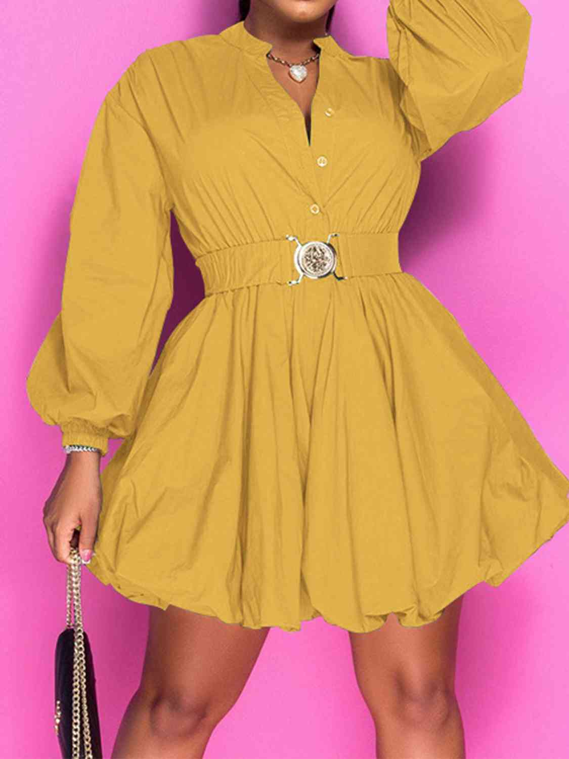 Notched Button Up Balloon Sleeves Dress | Sugarz Chique Boutique