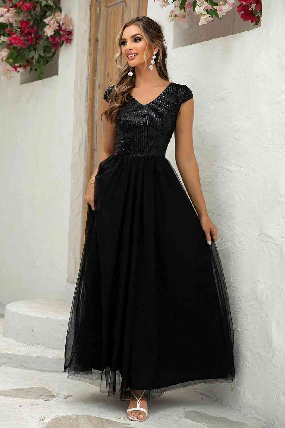 Sequin V-Neck Mesh Maxi Dress | Sugarz Chique Boutique