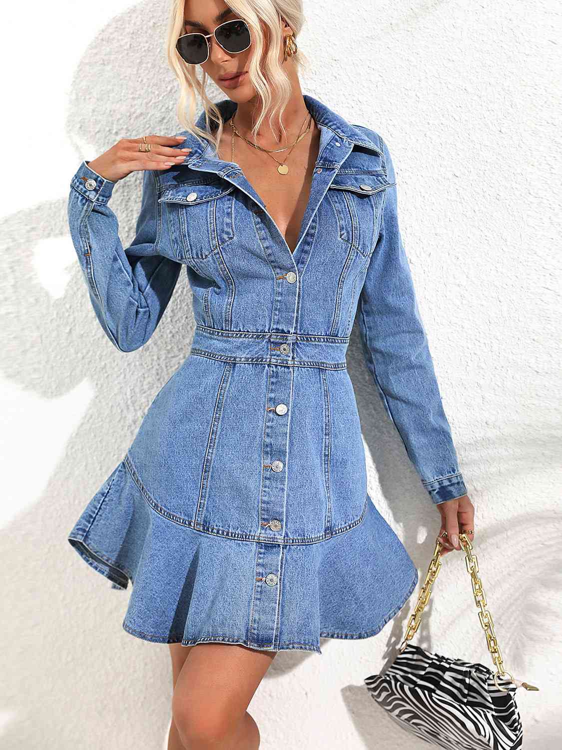 Collared Neck Button Down Denim Dress | Sugarz Chique Boutique