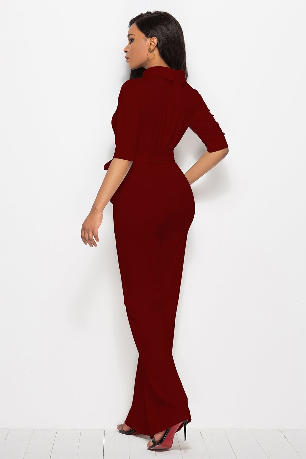 Mock Neck Tie-Waist Half Sleeve Jumpsuit | Sugarz Chique Boutique
