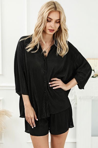 Pleated Button Up Shirt and Shorts Lounge Set | Sugarz Chique Boutique