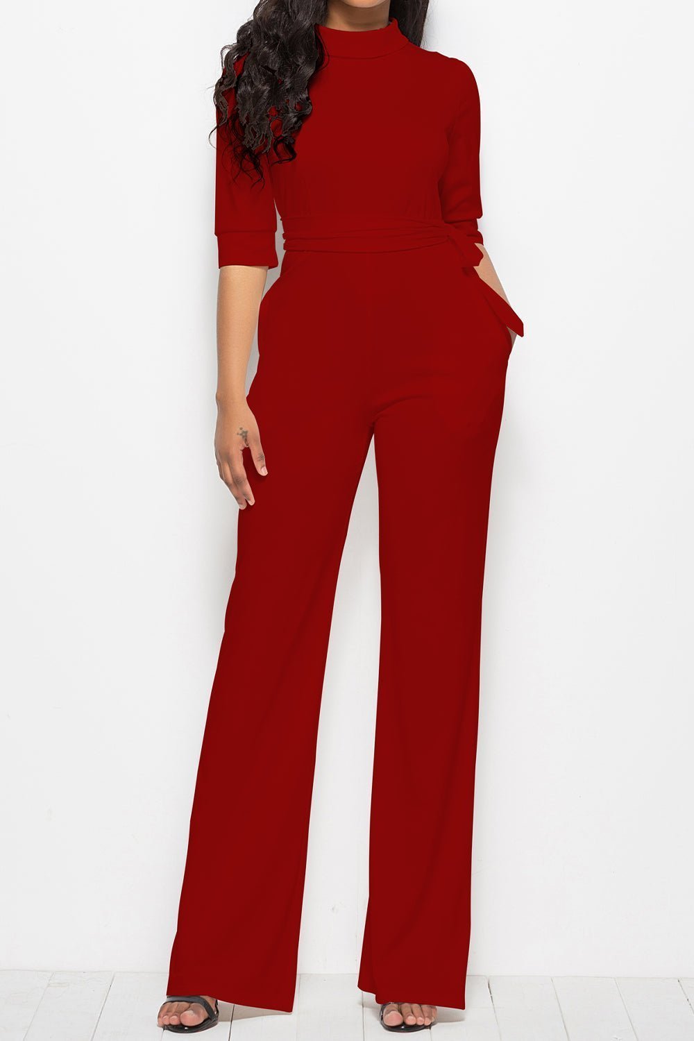 Mock Neck Tie-Waist Half Sleeve Jumpsuit | Sugarz Chique Boutique