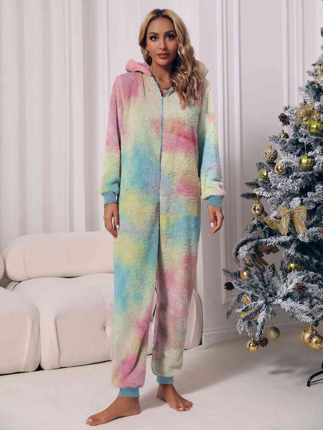 Zip Front Long Sleeve Hooded Teddy Lounge Jumpsuit | Sugarz Chique Boutique