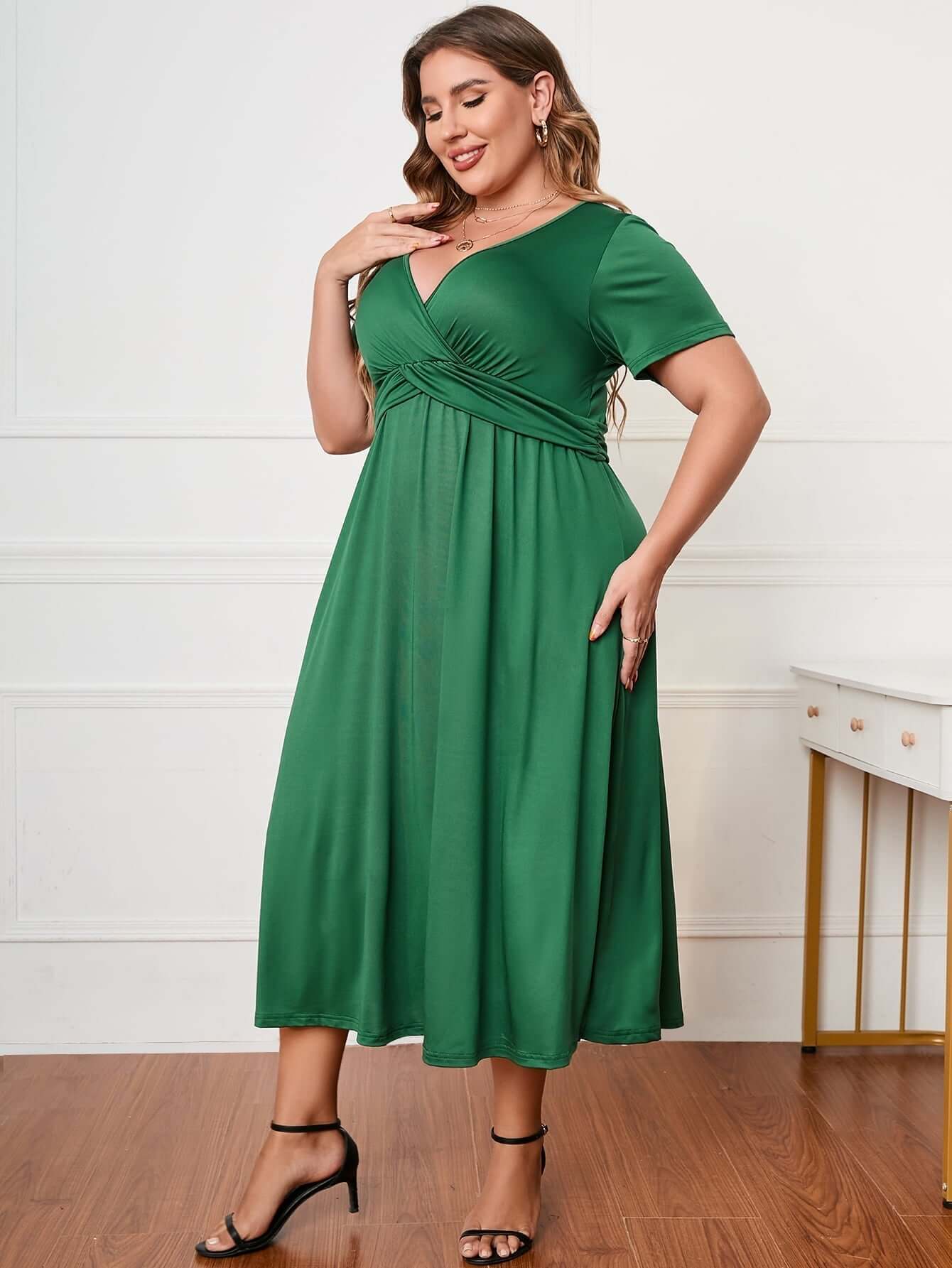Plus Size Short Sleeve Surplice Neck Midi Dress | Sugarz Chique Boutique