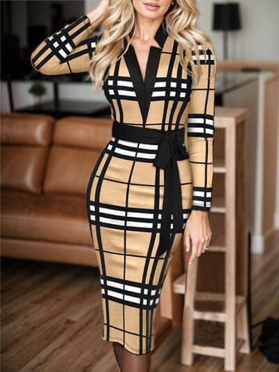 Plus Size Plaid V-Neck Long Sleeve Wrap Dress | Sugarz Chique Boutique