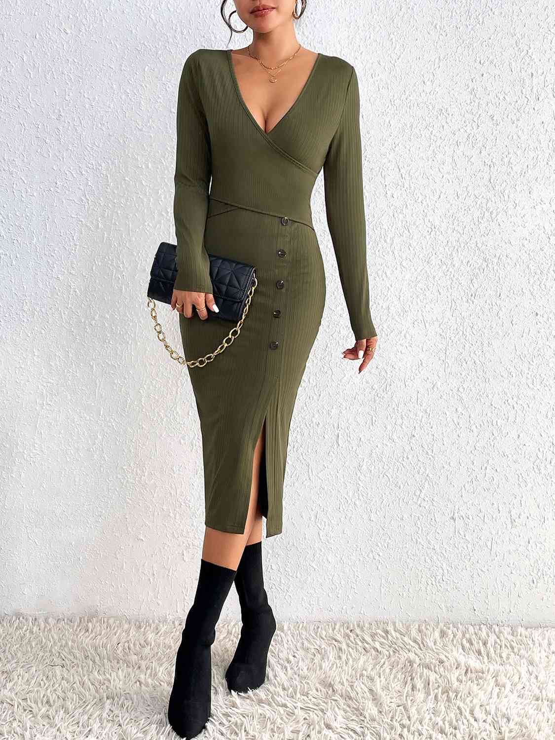 Buttoned Surplice Neck Slit Dress | Sugarz Chique Boutique