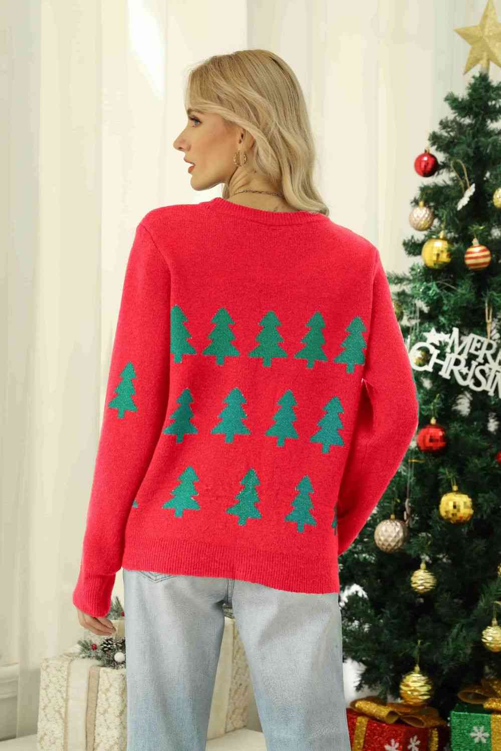 Christmas Tree Round Neck Ribbed Trim Sweater | Sugarz Chique Boutique