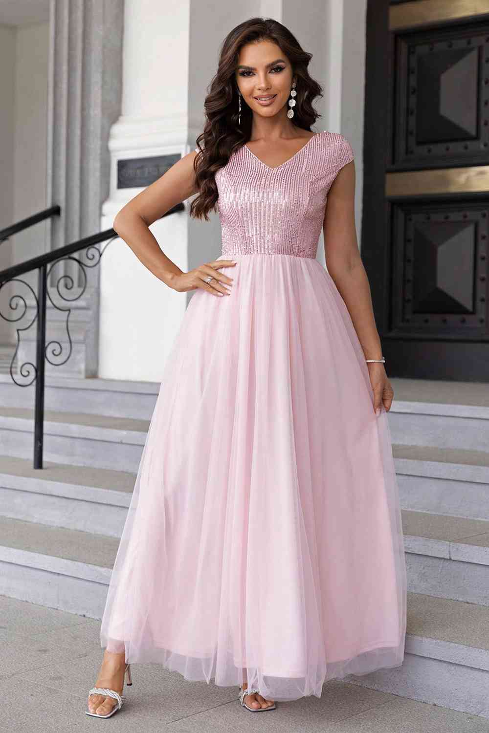 Sequin V-Neck Mesh Maxi Dress | Sugarz Chique Boutique