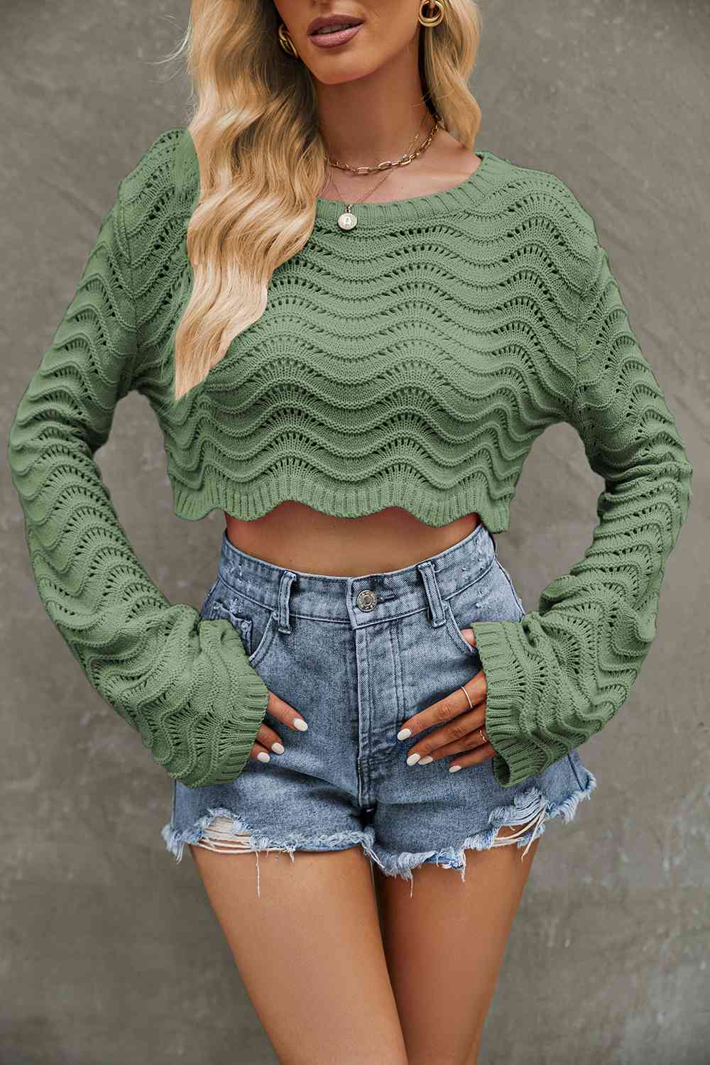 Round Neck Long Sleeve Cropped Sweater | Sugarz Chique Boutique