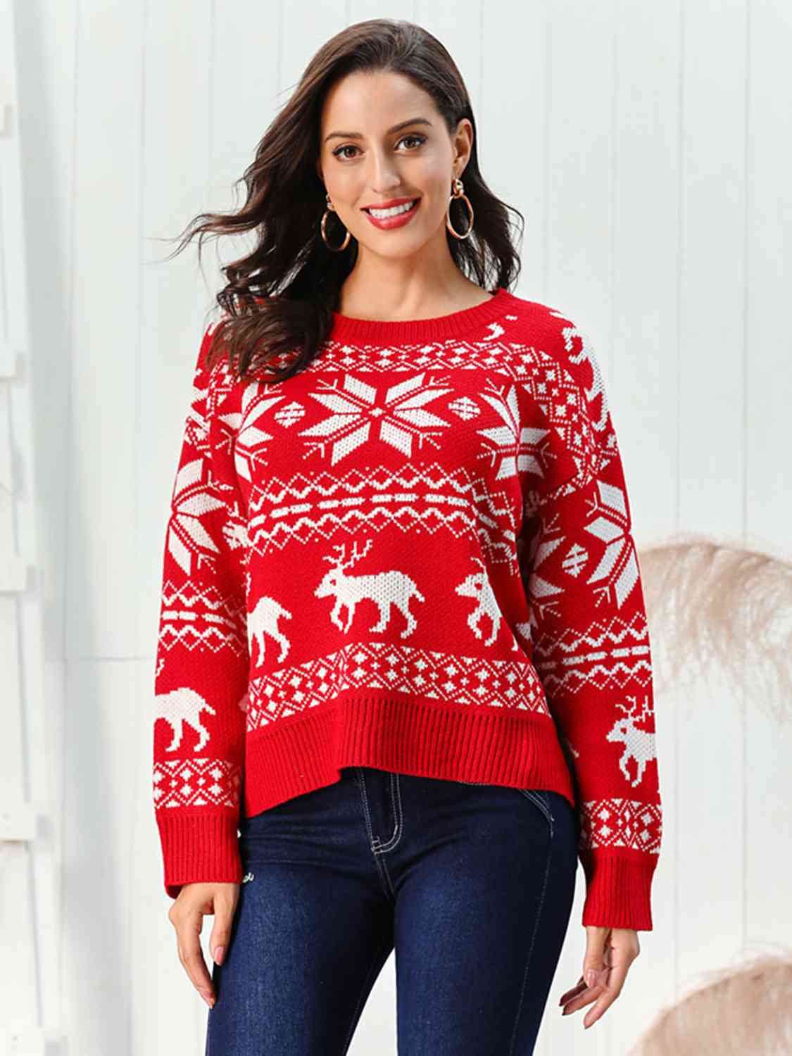 Reindeer & Snowflake Round Neck Sweater | Sugarz Chique Boutique