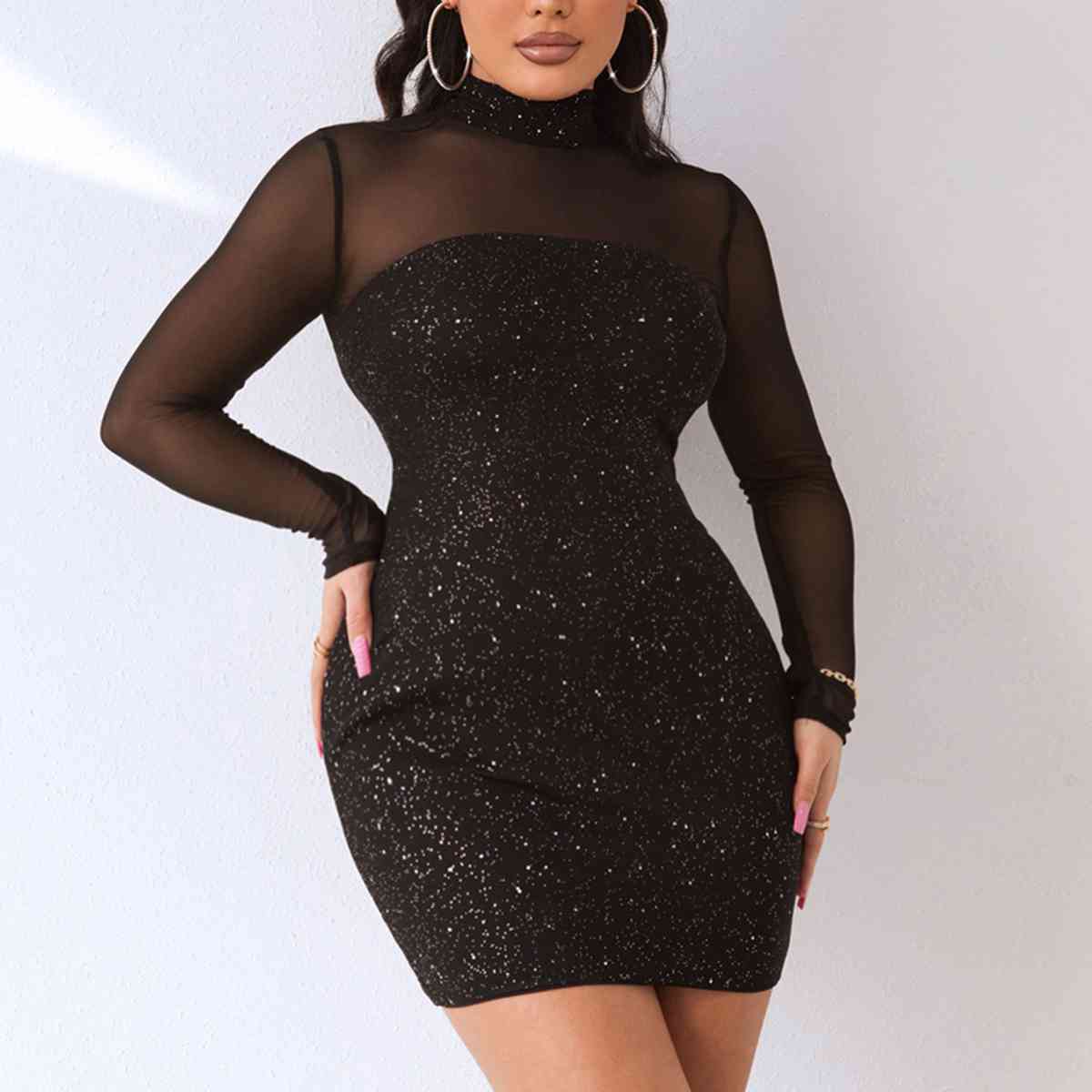 Sequin Mock Neck Mesh Dress | Sugarz Chique Boutique