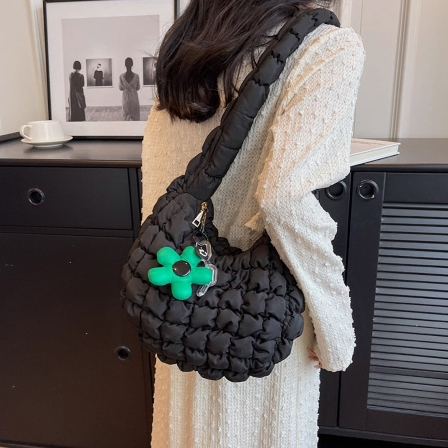 Quilted Shoulder Bag with Flower Pendant | Sugarz Chique Boutique